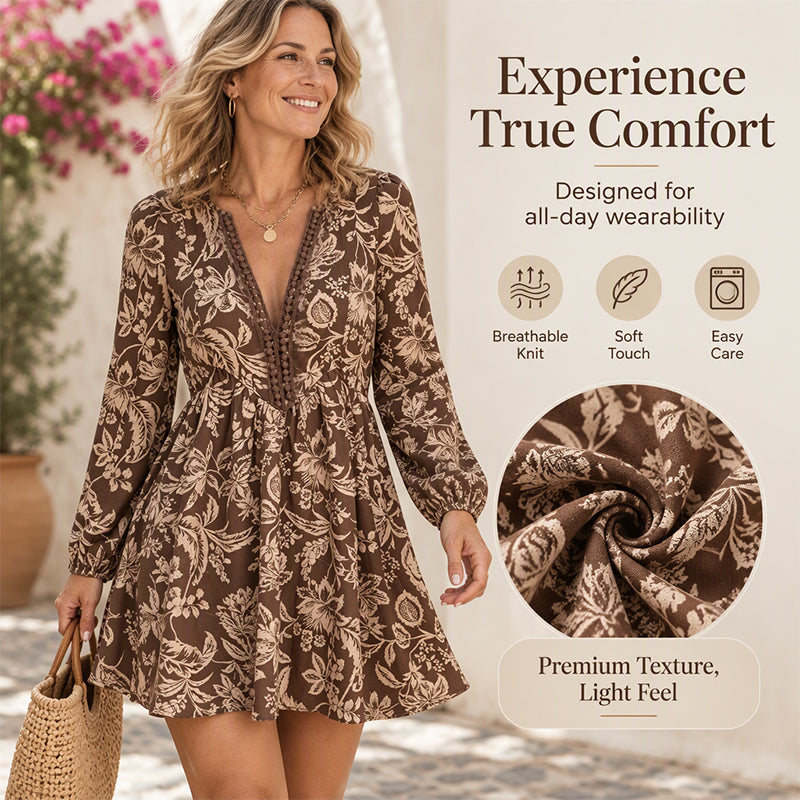 ✨ Women's Vintage Floral Print Long Sleeve V-Neck Dress — Boho Style 🌿