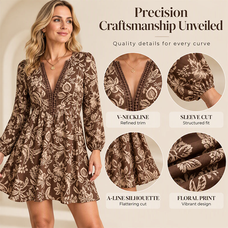 ✨ Women's Vintage Floral Print Long Sleeve V-Neck Dress — Boho Style 🌿