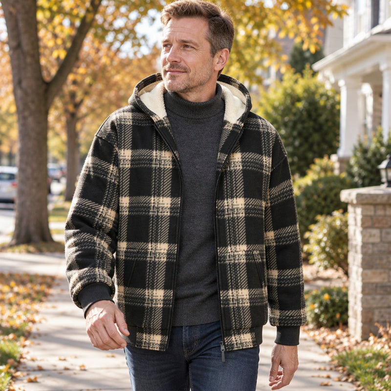 Men's Winter Warm Plaid Hooded Jacket