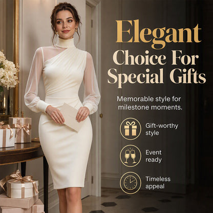 ✨ Elegant Midi Dress for Women — Sheer Mesh Sleeves & High Neck 🥂
