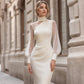 ✨ Elegant Midi Dress for Women — Sheer Mesh Sleeves & High Neck 🥂