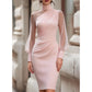 ✨ Elegant Midi Dress for Women — Sheer Mesh Sleeves & High Neck 🥂