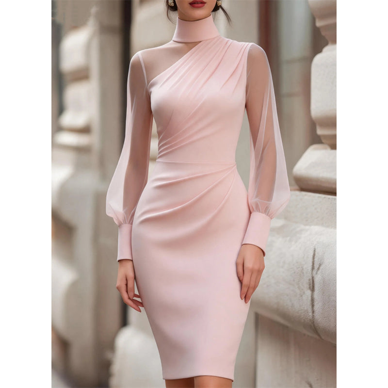 ✨ Elegant Midi Dress for Women — Sheer Mesh Sleeves & High Neck 🥂