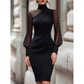 ✨ Elegant Midi Dress for Women — Sheer Mesh Sleeves & High Neck 🥂