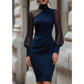 ✨ Elegant Midi Dress for Women — Sheer Mesh Sleeves & High Neck 🥂