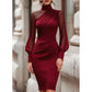 ✨ Elegant Midi Dress for Women — Sheer Mesh Sleeves & High Neck 🥂