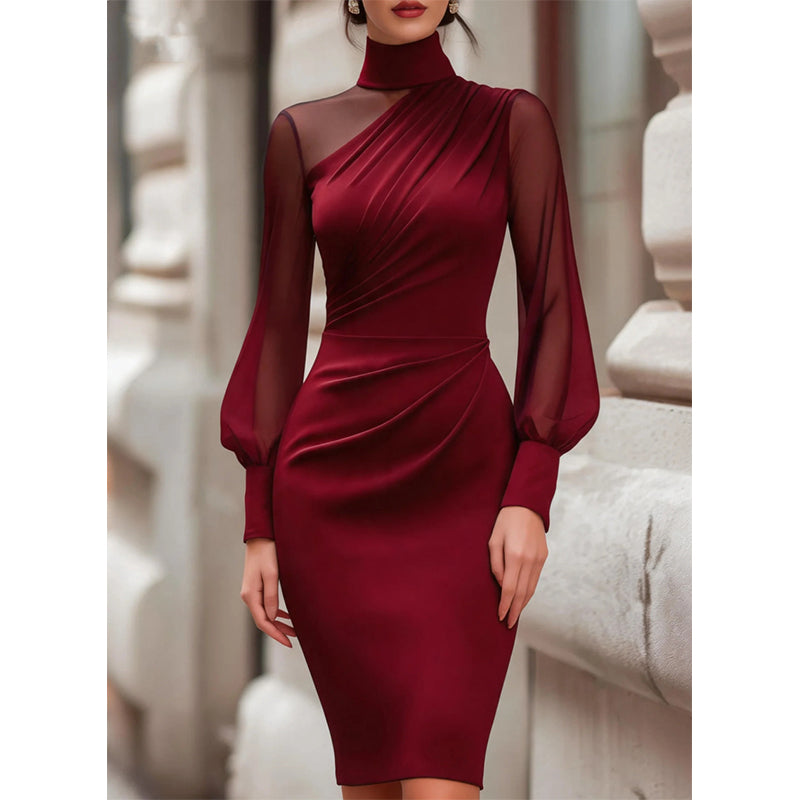 ✨ Elegant Midi Dress for Women — Sheer Mesh Sleeves & High Neck 🥂