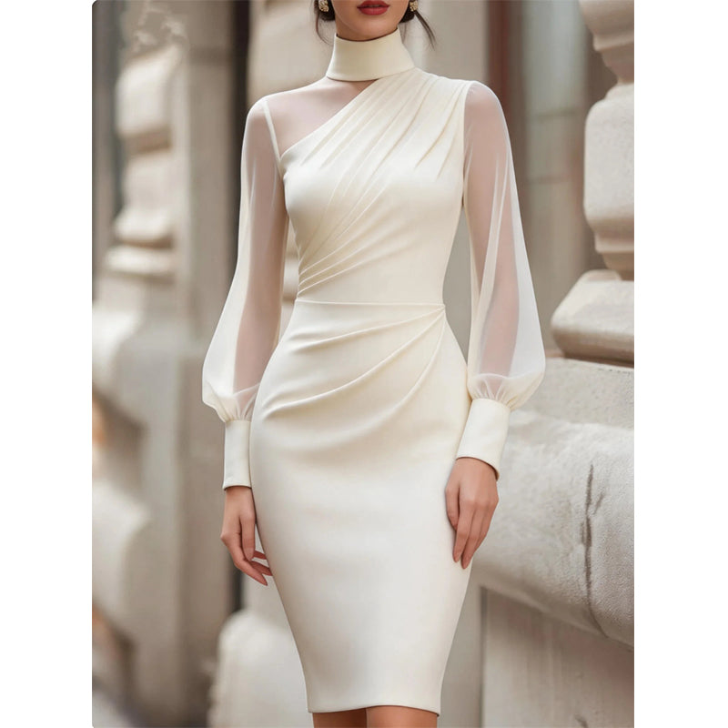 ✨ Elegant Midi Dress for Women — Sheer Mesh Sleeves & High Neck 🥂