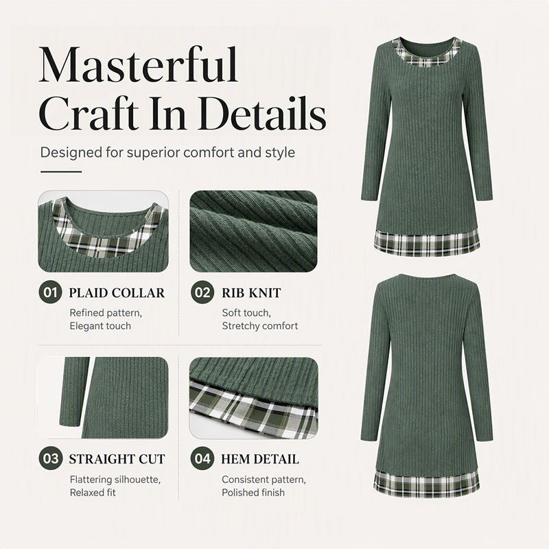 👗 Eye-Catching Pattern Mix, Soft Everyday Comfort | Women's Casual Plaid Patchwork Knit Dress