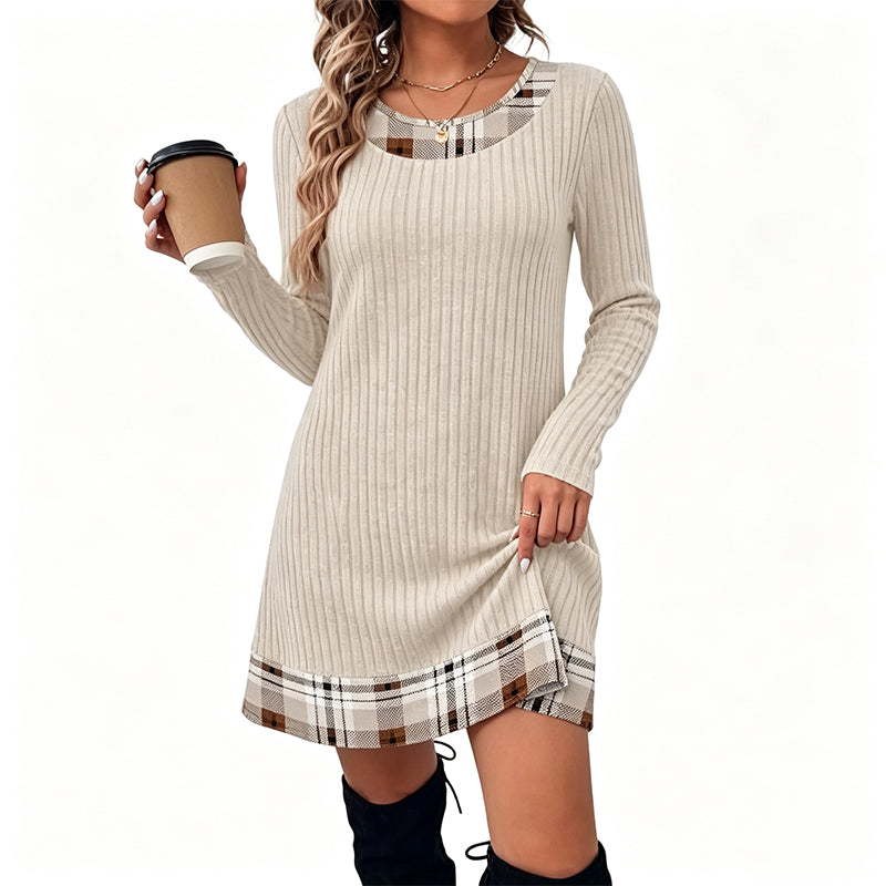 👗 Eye-Catching Pattern Mix, Soft Everyday Comfort | Women's Casual Plaid Patchwork Knit Dress
