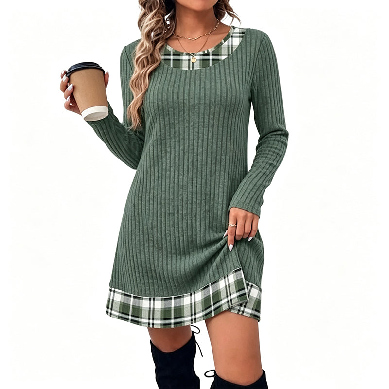 👗 Eye-Catching Pattern Mix, Soft Everyday Comfort | Women's Casual Plaid Patchwork Knit Dress
