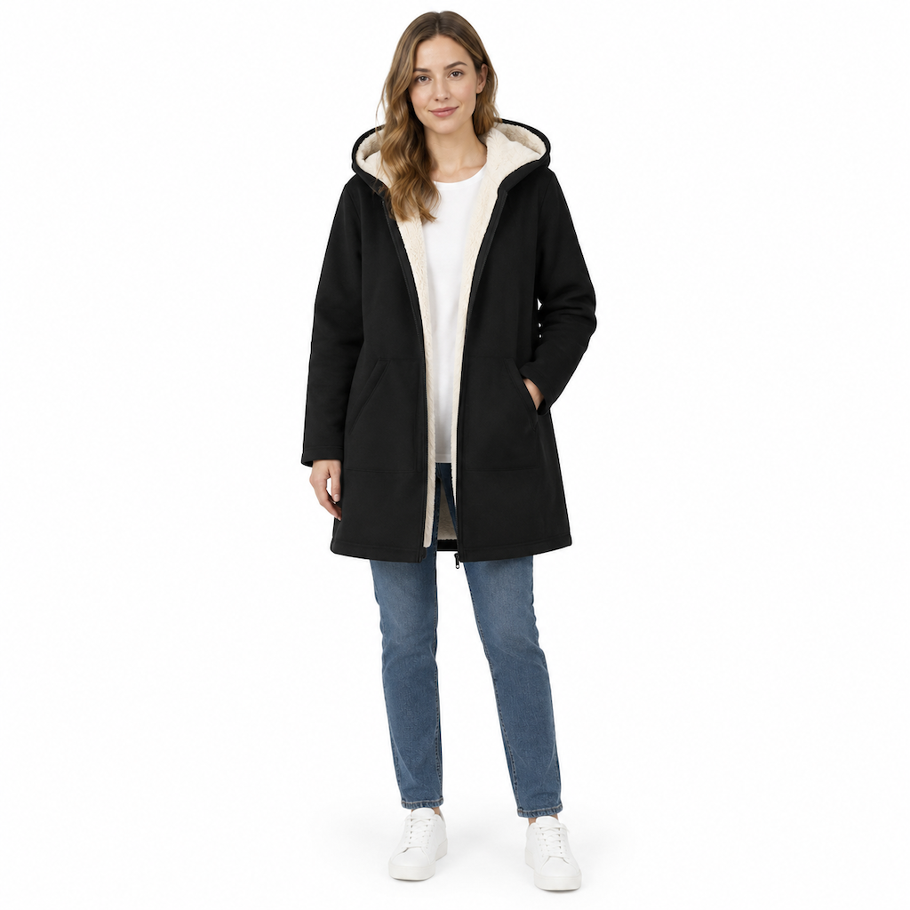 Women's Fabric Lined Hooded Warm Mid-Length Solid Color Long Sleeve Coat for Fall and Winter