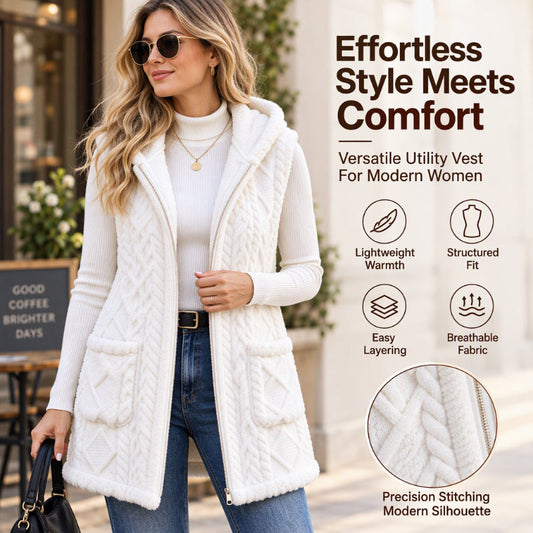 ✨ Women's Plush Cable Knit Vest — Warm, Hooded & Versatile 🌟
