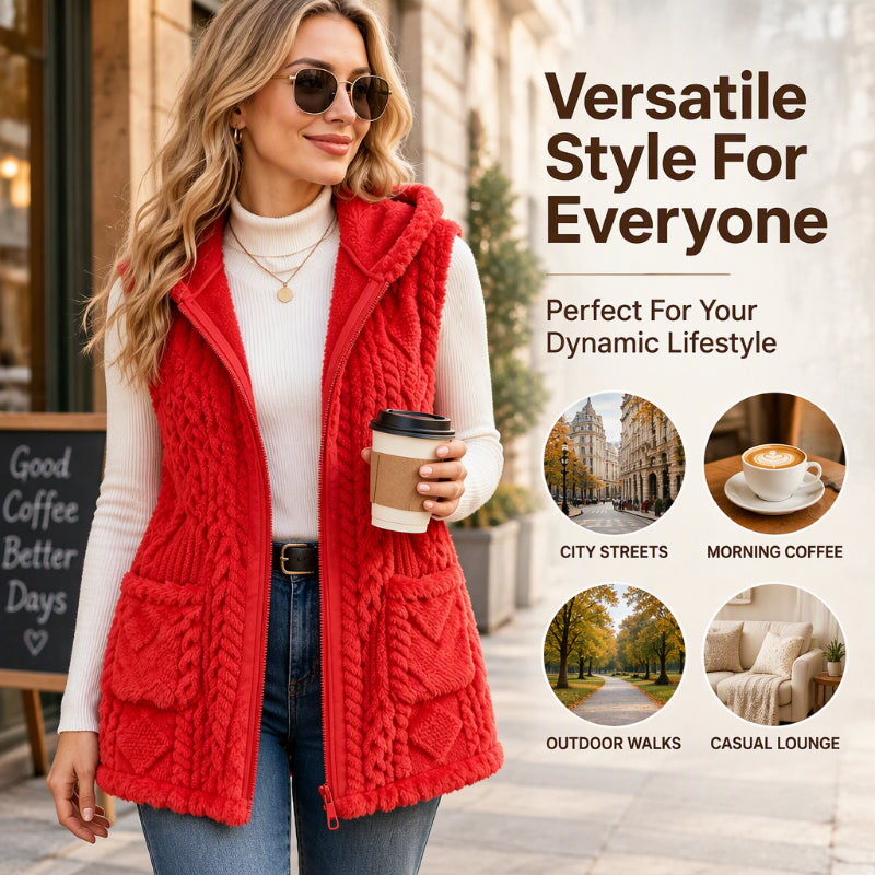 ✨ Women's Plush Cable Knit Vest — Warm, Hooded & Versatile 🌟