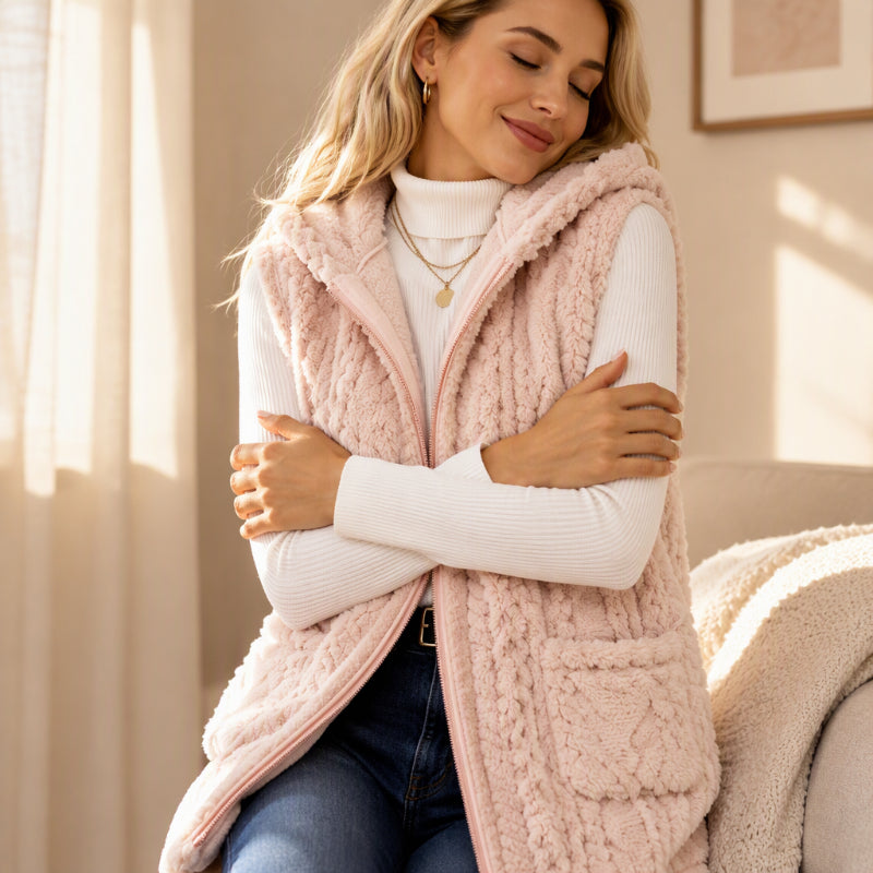 ✨ Women's Plush Cable Knit Vest — Warm, Hooded & Versatile 🌟
