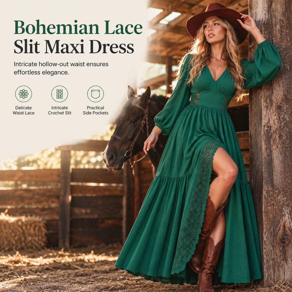 ✨ Women's Long Sleeve Boho Dress — Hollow Lace Waist & High Slit ✨