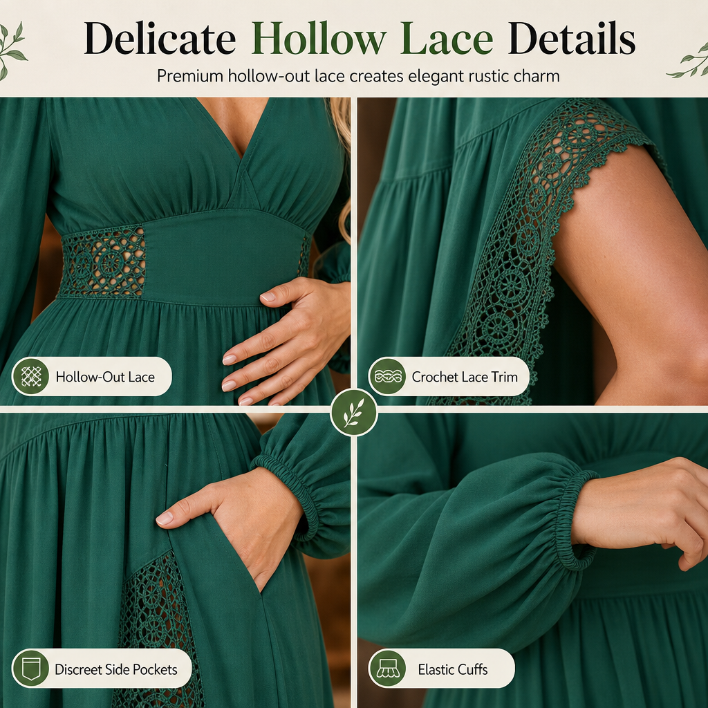 ✨ Women's Long Sleeve Boho Dress — Hollow Lace Waist & High Slit ✨